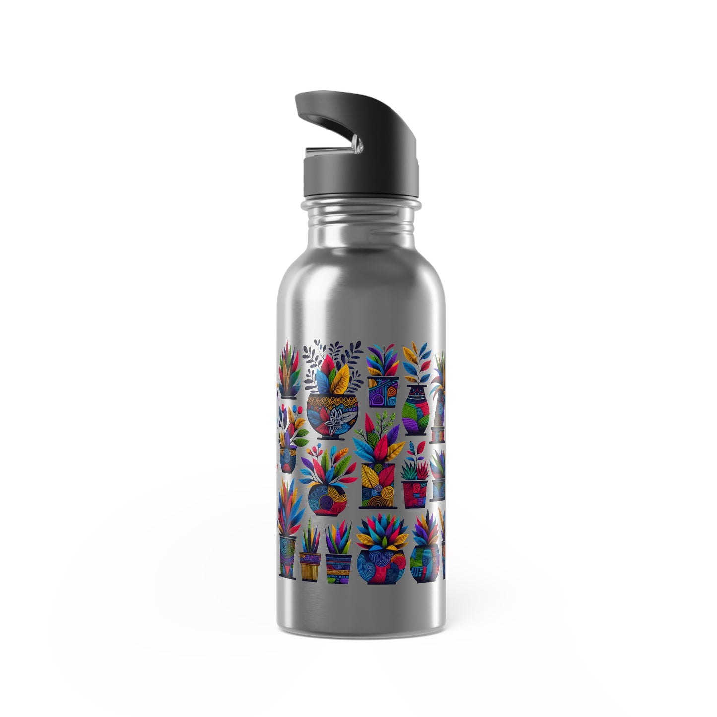 Water Bottle, Potted Plant Pattern, Abstract Botanical Design, Vibrant Colors, Eco-Friendly Reusable Bottle, Sustainable Drinkware, Gardener